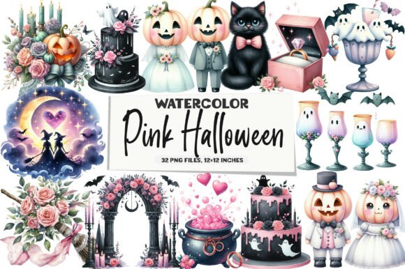 Enchanting Pink Halloween Witch Wedding Clipart Designs