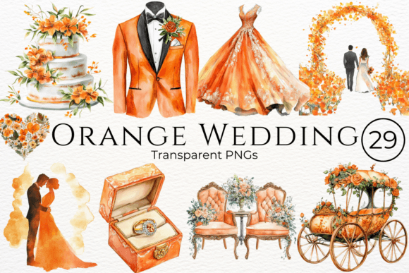 Vibrant Orange Wedding Watercolor Cliparts for Creative Projects