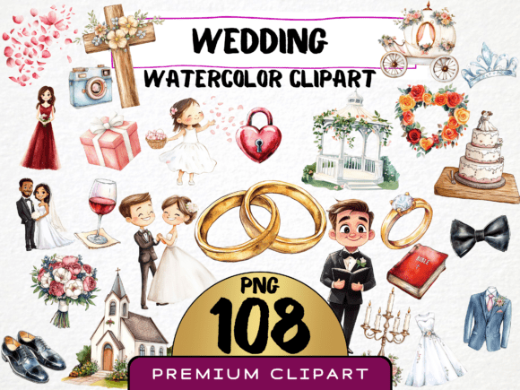 Watercolor Cute Wedding Clipart 108 Png: Your Design Toolkit