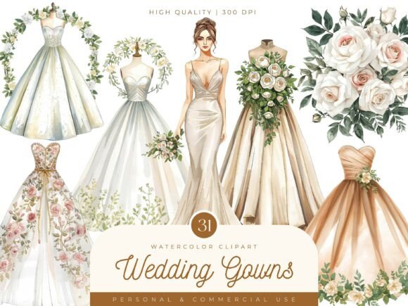 Watercolor Wedding Gowns Clipart: Soft Elegance for Your Designs
