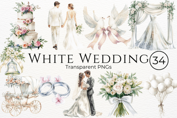 White Wedding Watercolor Cliparts: Elegant Design Assets